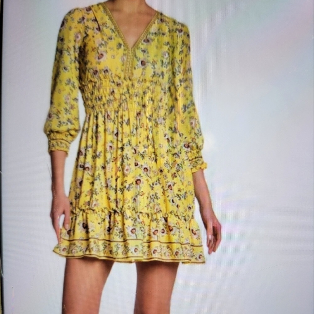 Max Studio  Floral Print Ruffle 3/4 Sleeves Smocked Waist  Mini Dress Size L